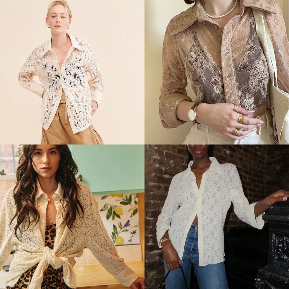 Vintage CW Classics Floral Lace Button-Up Shirt size XL Sheer Antique Beige - Picture 2 of 16